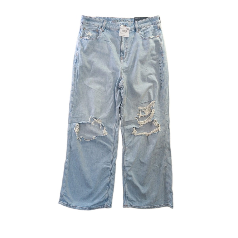 American Eagle Super High Rise Baggy Wide Leg Jeans Womens 14 Blue Distressed